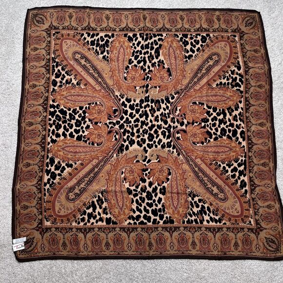 Talbots 100% Silk Scarf Leopard Paisley Womens Brown Neckerchief Square Preppy - Picture 6 of 9